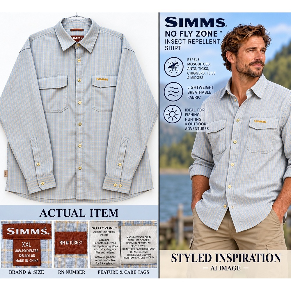 Simms No Fly Zone Shirt Mens XXL Fishing Insect Repellent Blue Plaid Excellent